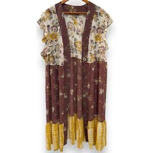 Women S/M Kimono Long Tiered Floral Boho Short Sleeve Purple Flowy Lightweight